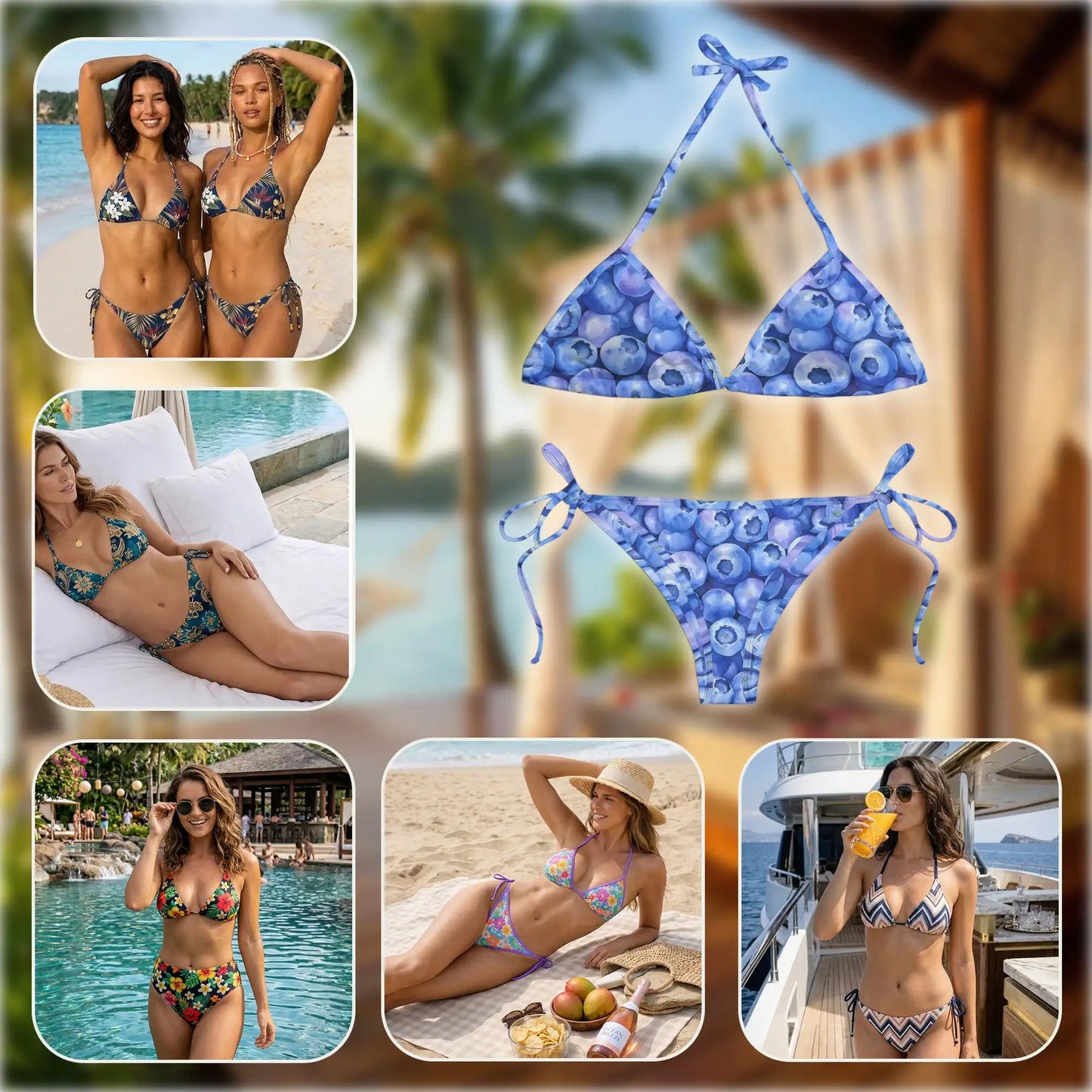 Blueberry Pattern Bikini Set for Women, Two Piece Swimsuit, Fruit Print Beachwear | Netecom