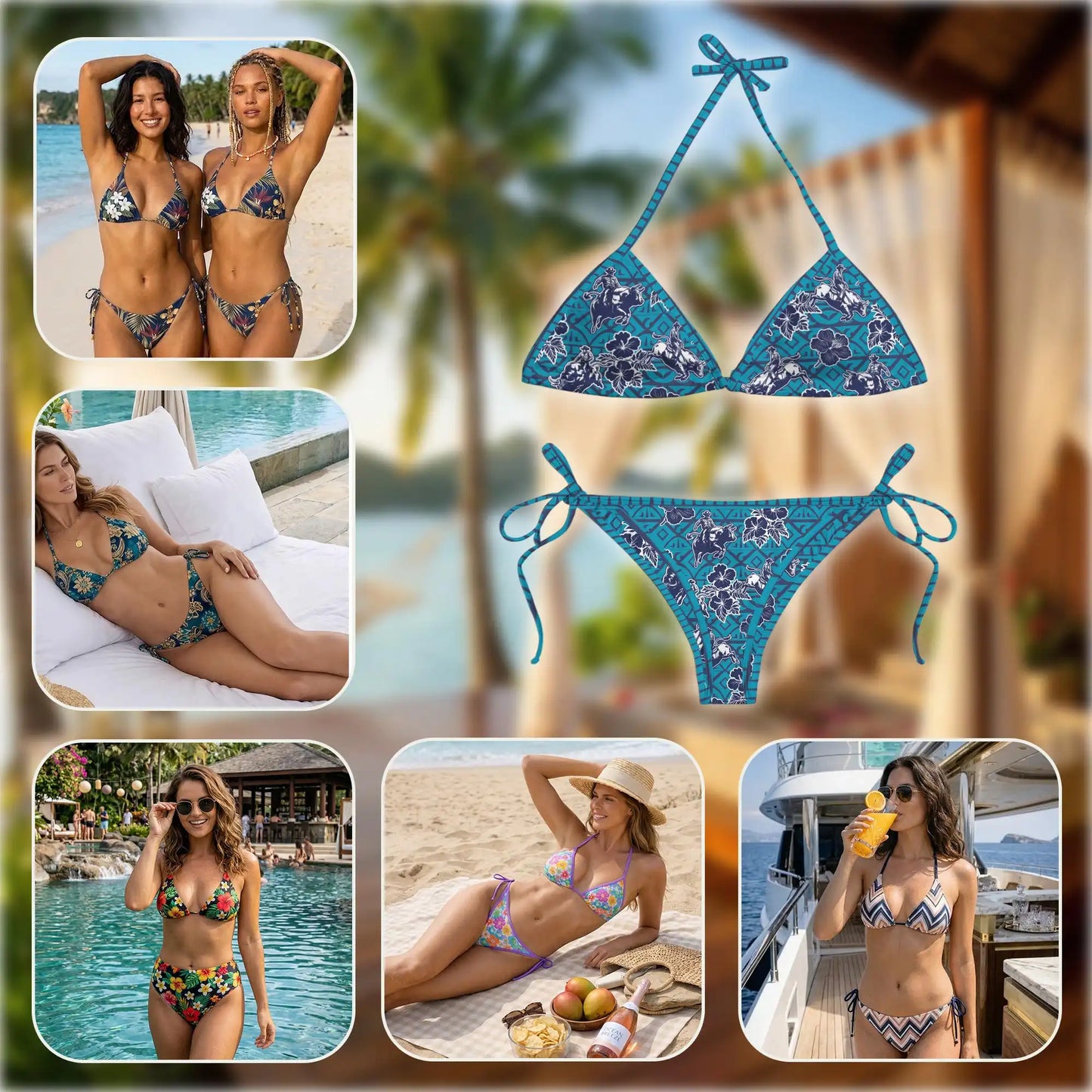 Bull Riding Bikini Set for Women, Two Piece Swimsuit, Bull Riding and Floral Print Beachwear | Netecom