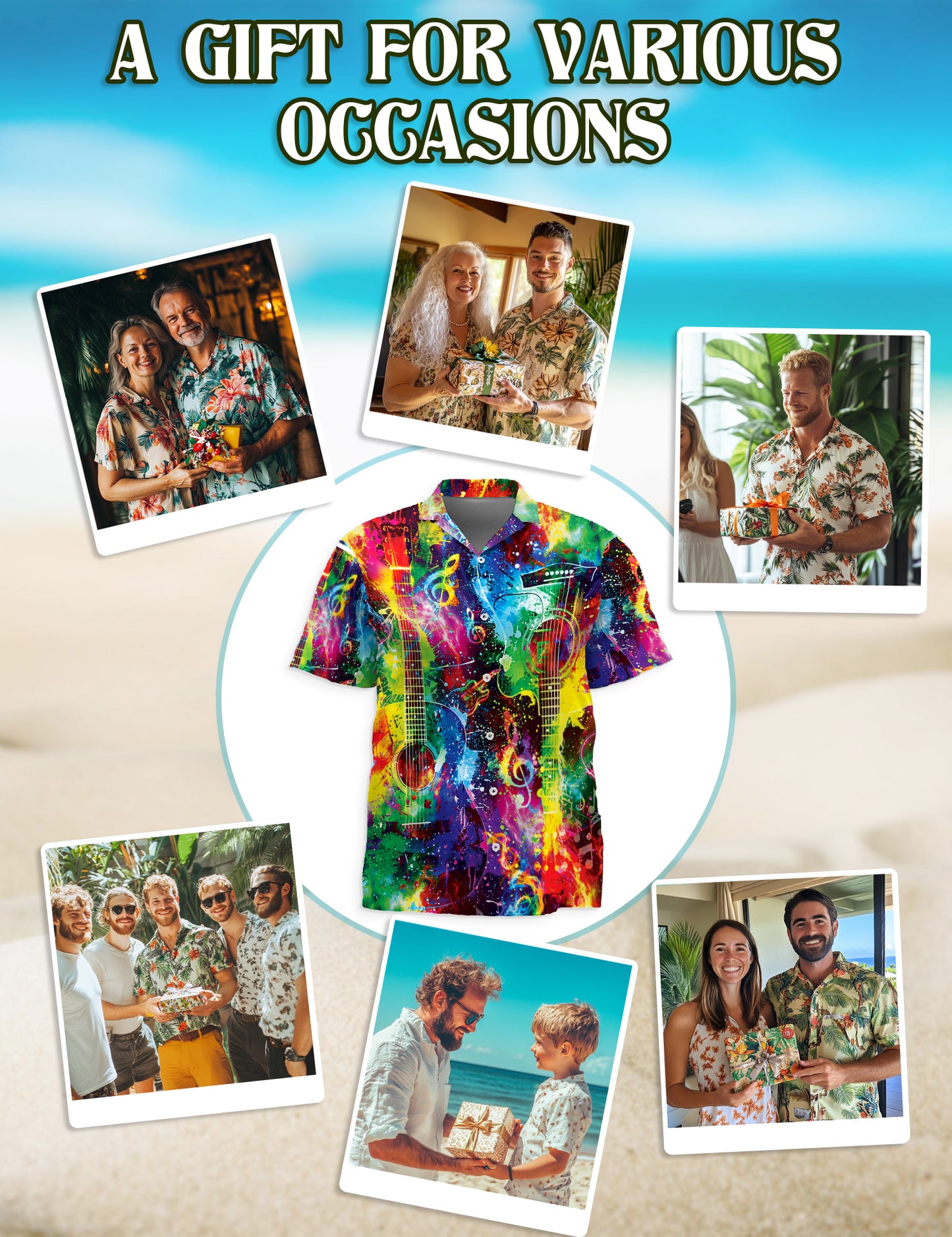 Netecom Rainbow Guitar Hawaiian Shirt for Men, Guitar Lovers Gifts, Guitarist Button Down Summer Beach Shirts