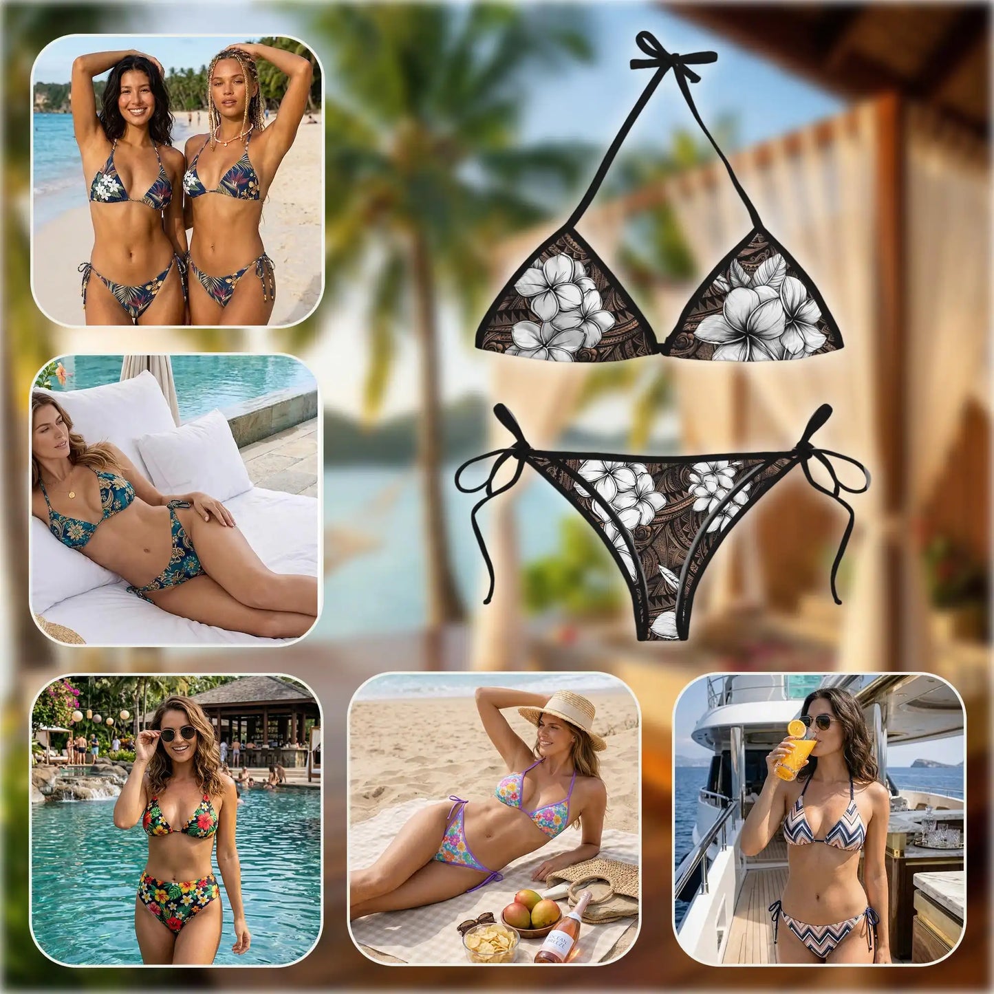 Plumeria Tribe Bikini Set for Women, Two Piece Swimsuit, Tribal Floral Beachwear | Netecom