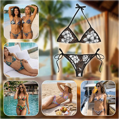 Plumeria Tribe Bikini Set for Women, Two Piece Swimsuit, Tribal Floral Beachwear | Netecom