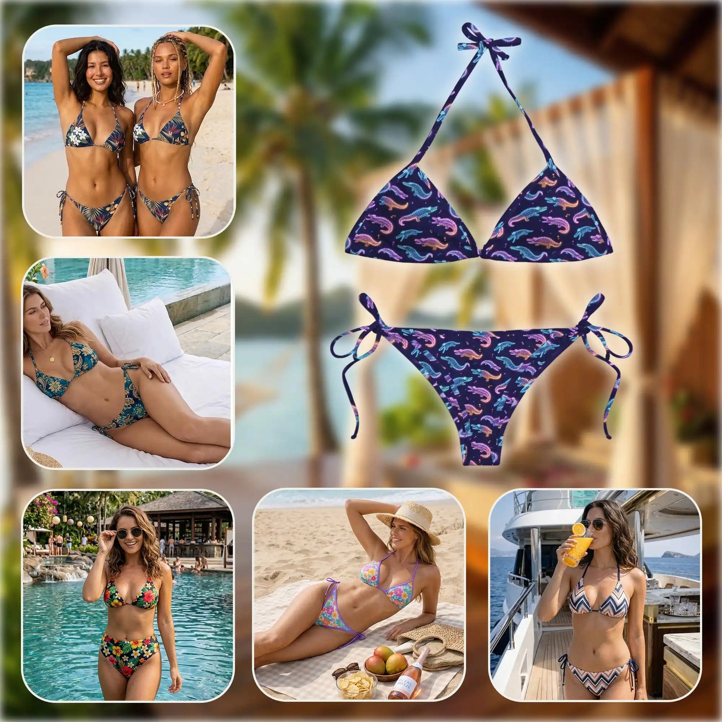 Neon Crocodile Bikini Set for Women, Two Piece Swimsuit, Neon Reptile Beachwear | Netecom