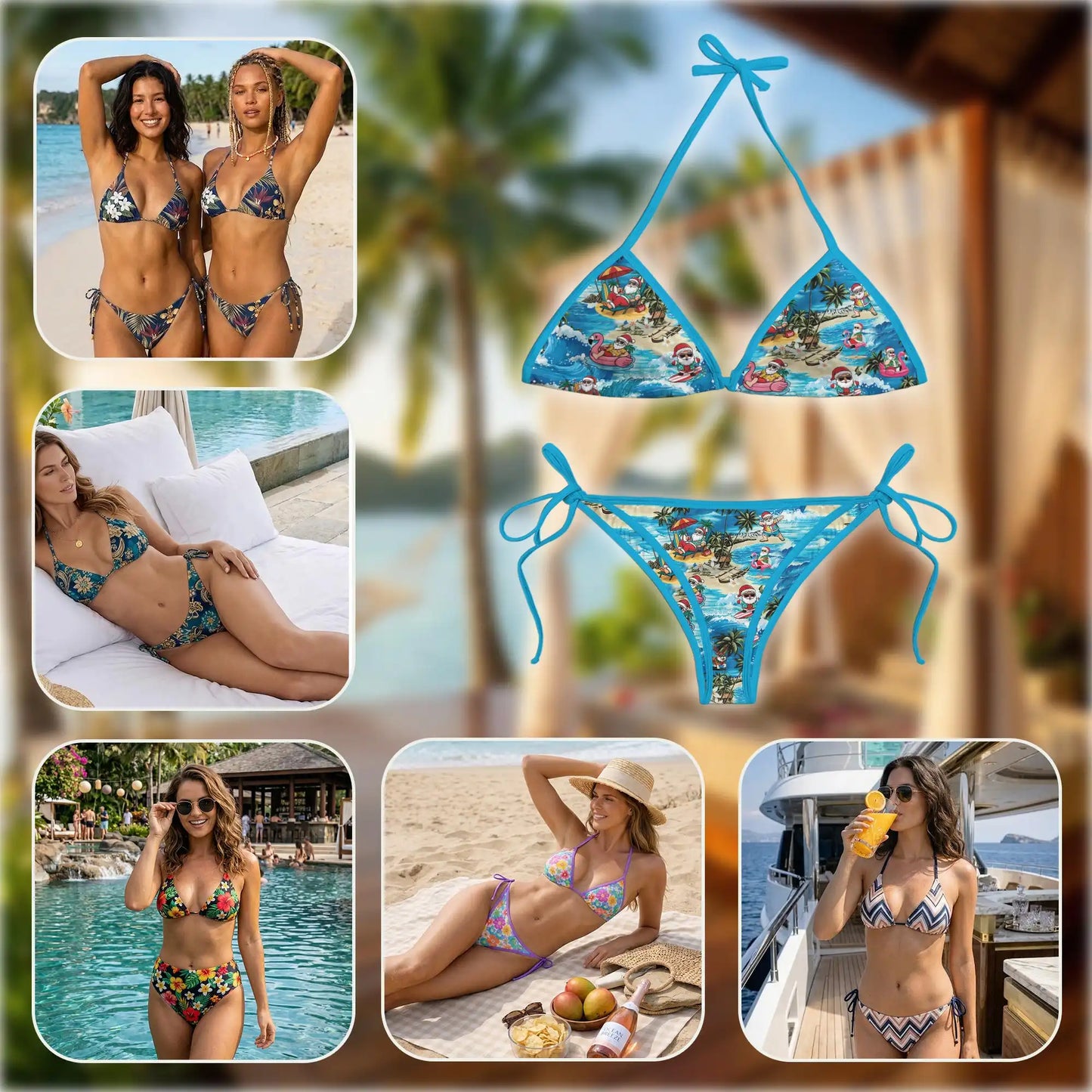 Surfing Santa Claus Bikini Set for Women, Two Piece Swimsuit, Craft Beachwear | Netecom