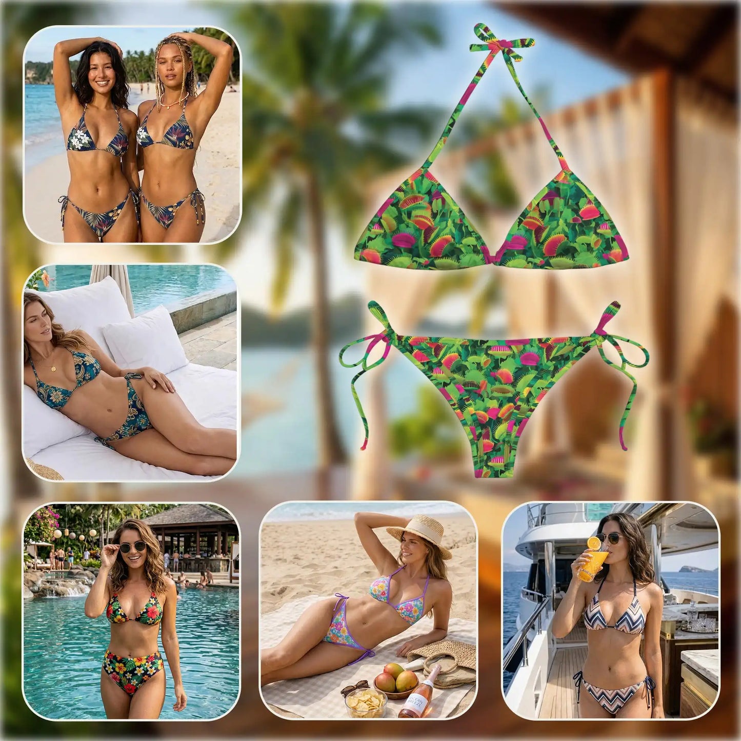 Flytrap Bikini Set for Women, Two Piece Swimsuit, Tropical Botanical Beachwear | Netecom