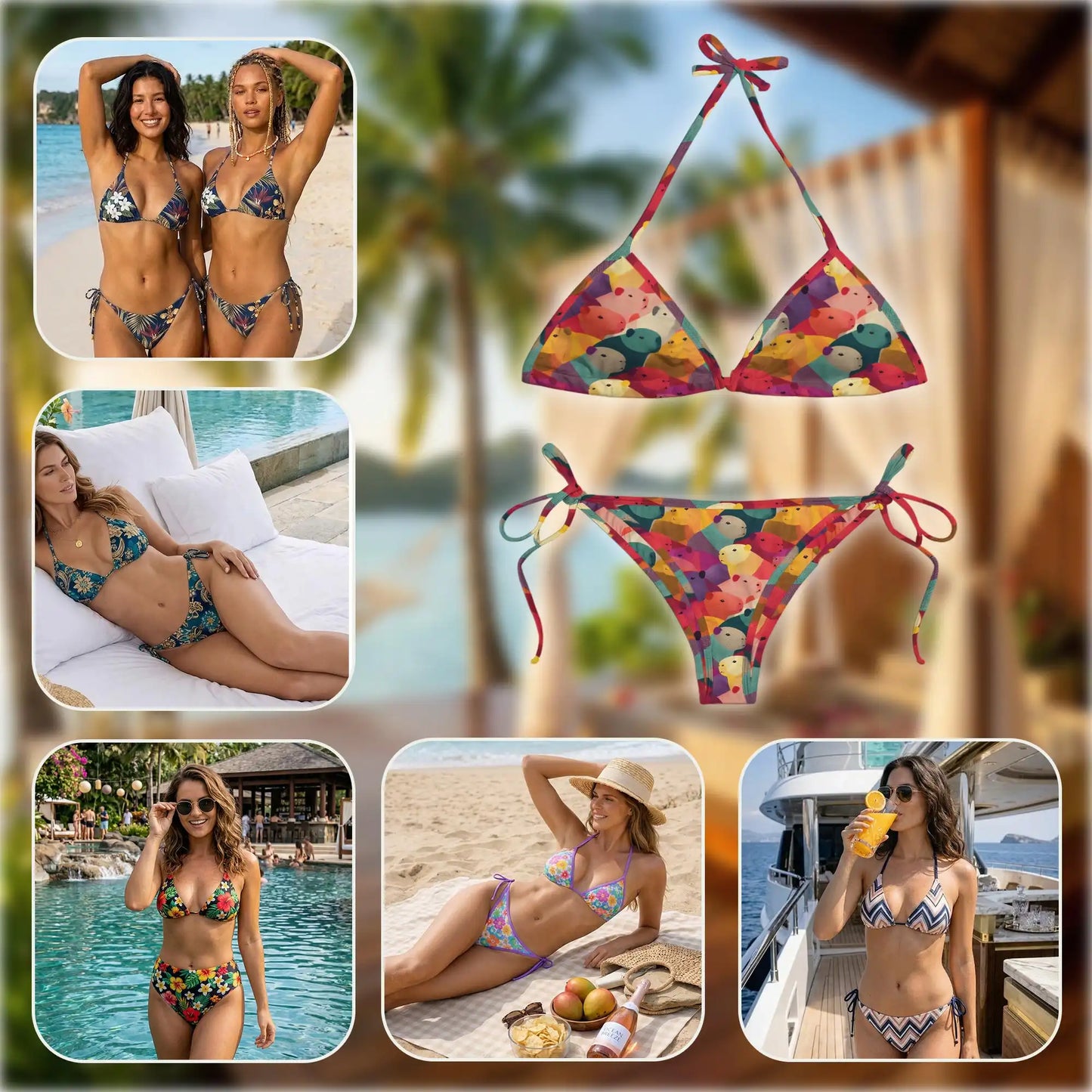 Cute Capybara Pattern Bikini Set for Women, Two Piece Swimsuit, Kawaii Animal Beachwear | Netecom