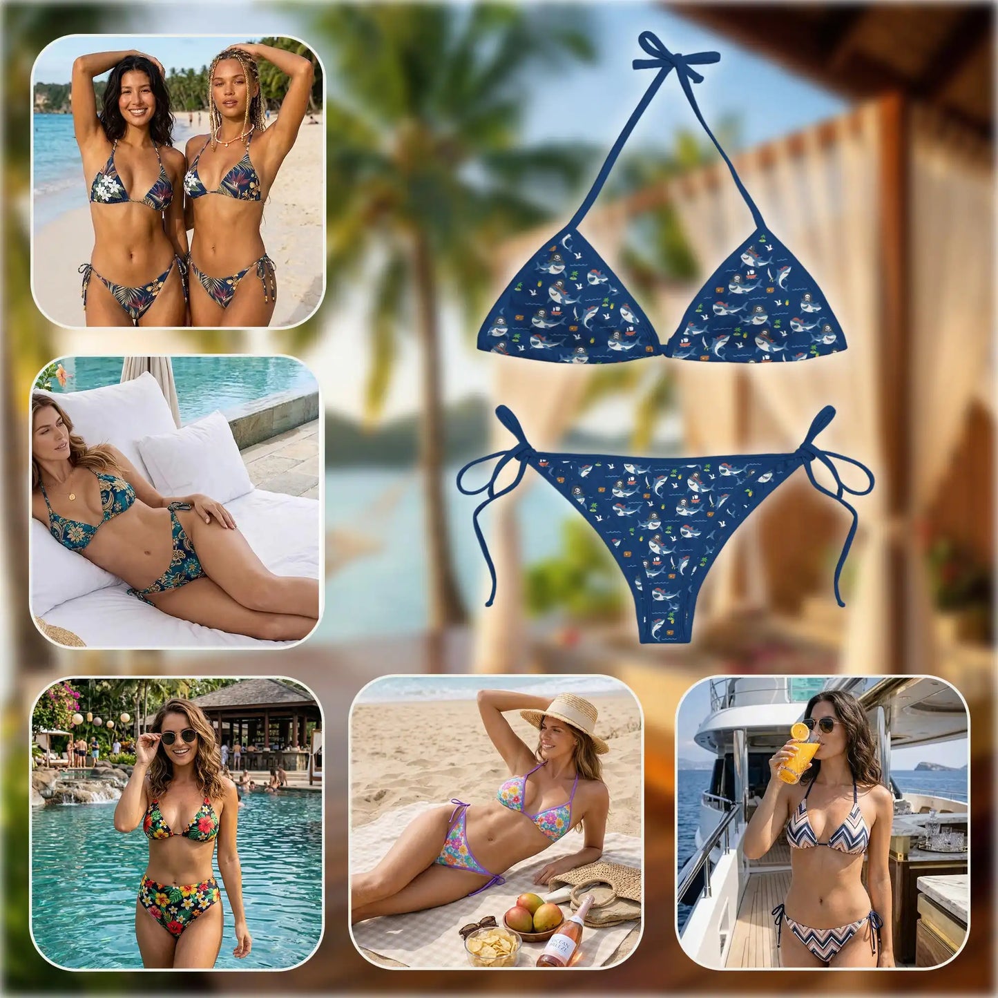 Shark Pirates Bikini Set for Women, Two Piece Swimsuit, Funny Ocean Beachwear | Netecom
