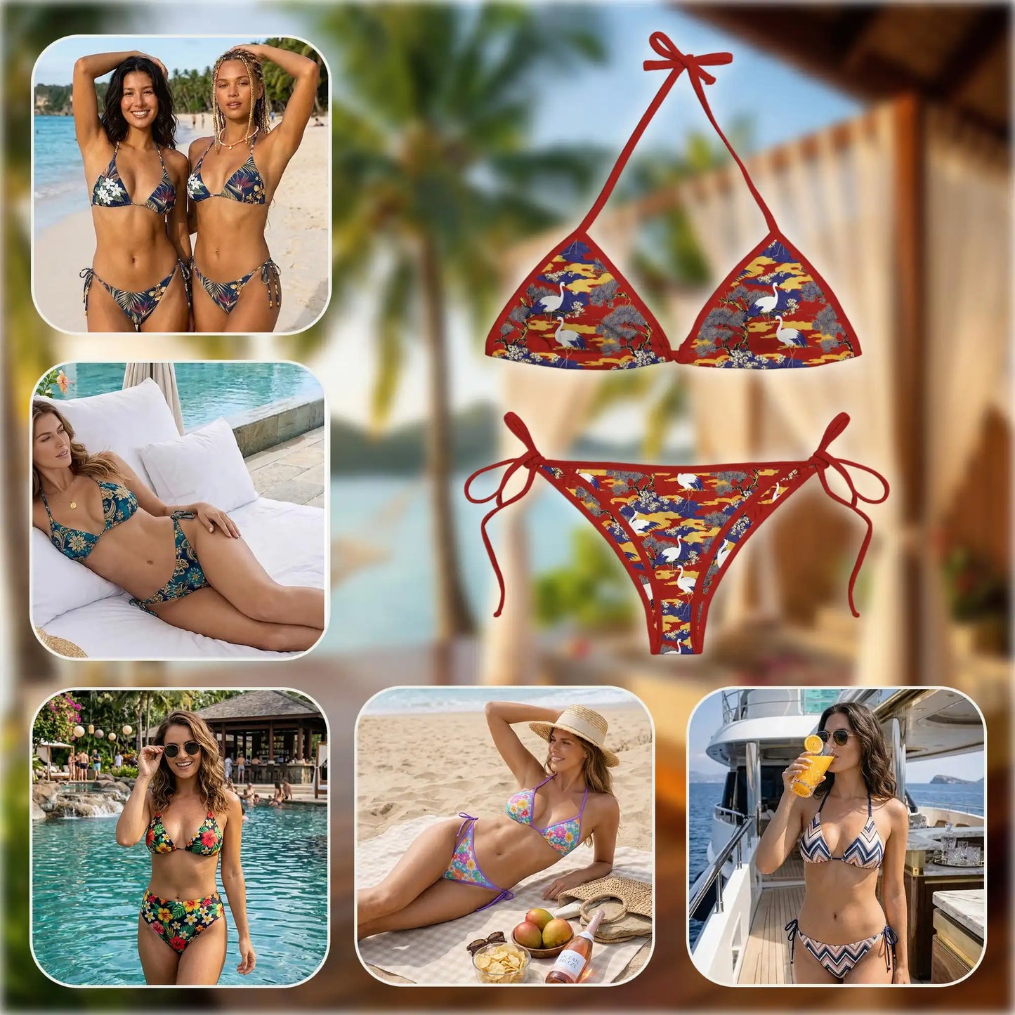 Sakura Redheaded Crane Bikini Set for Women, Two Piece Swimsuit, Japanese Art Beachwear | Netecom