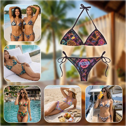 Neon Pizza Bikini Set for Women, Two Piece Swimsuit, Retro Food Beachwear | Netecom