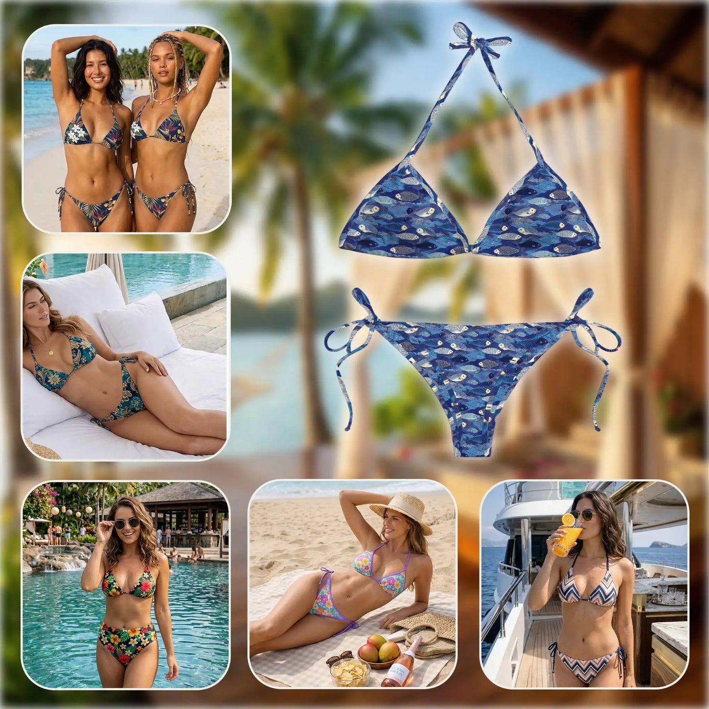 Fish Pattern Blue Bikini Set for Women, Two Piece Swimsuit, Ocean Beachwear | Netecom