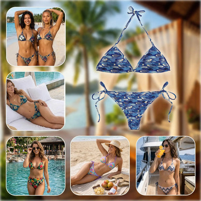 Fish Pattern Blue Bikini Set for Women, Two Piece Swimsuit, Ocean Beachwear | Netecom
