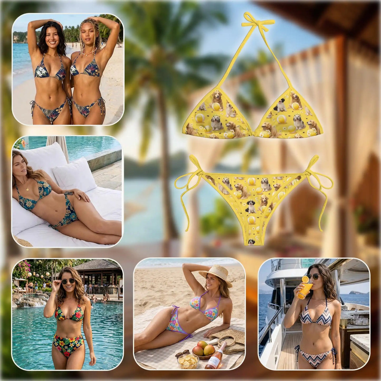 Cute Dog Pattern Bikini Set for Women, Two Piece Swimsuit, Puppy Tennis Beachwear | Netecom