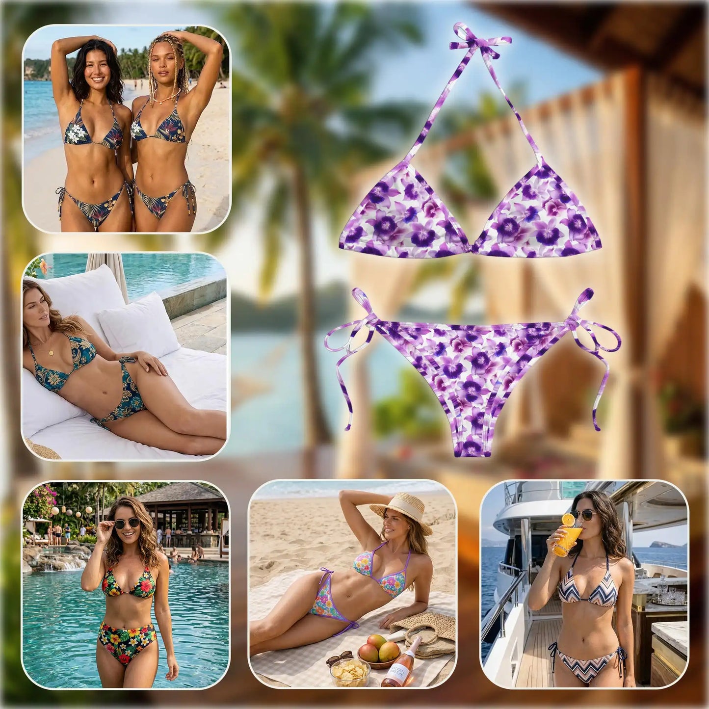 Purple Orchid Bikini Set for Women, Two Piece Swimsuit, Tropical Floral Beachwear | Netecom