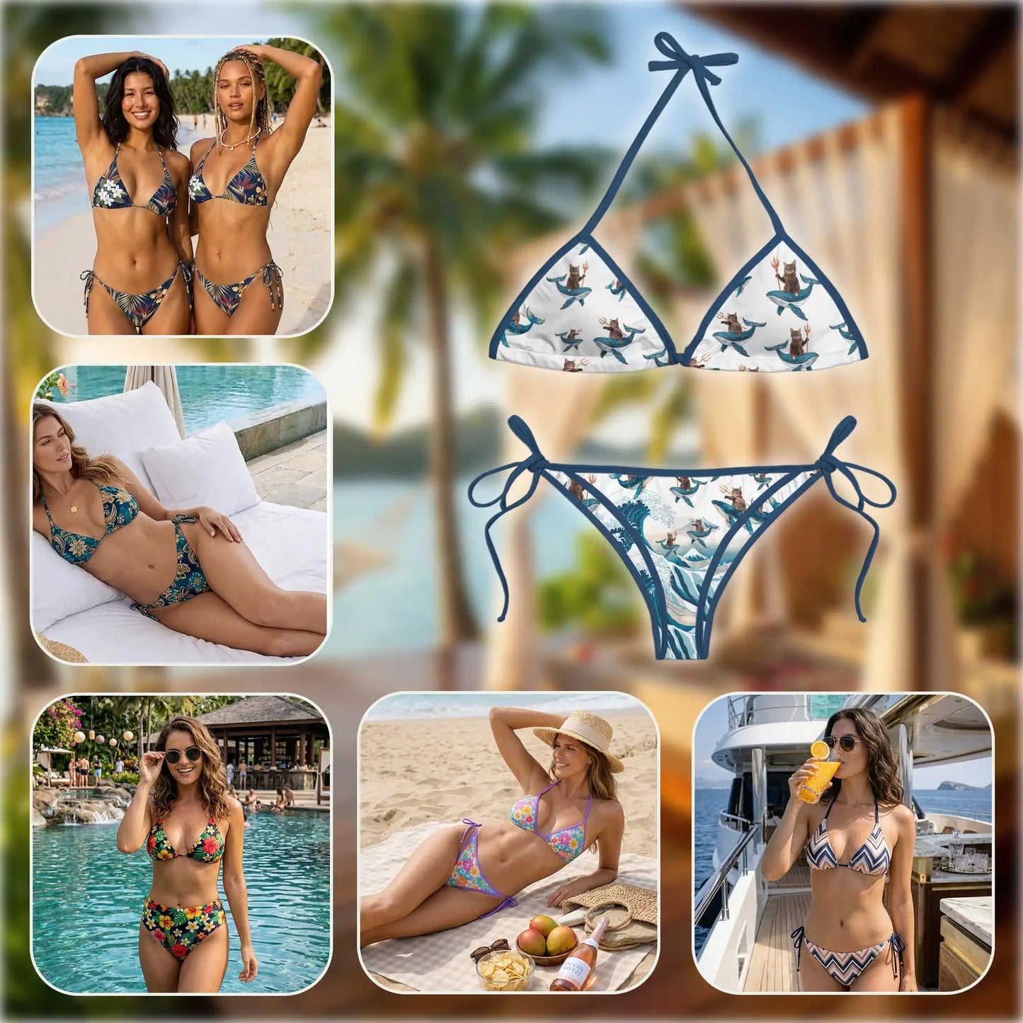 Cat Riding Whale Bikini Set for Women, Two Piece Swimsuit, Cute Ocean Animal Beachwear | Netecom
