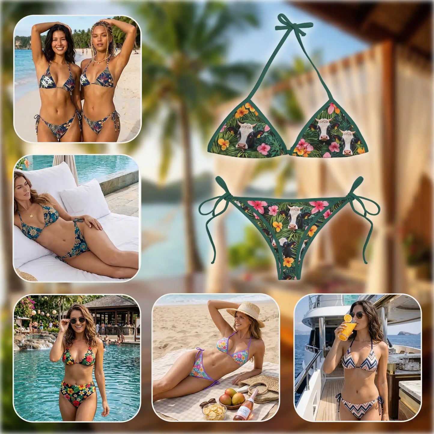 Tropical Holstein Cow Bikini Set for Women, Two Piece Swimsuit, Tropical Farm Animal Beachwear | Netecom
