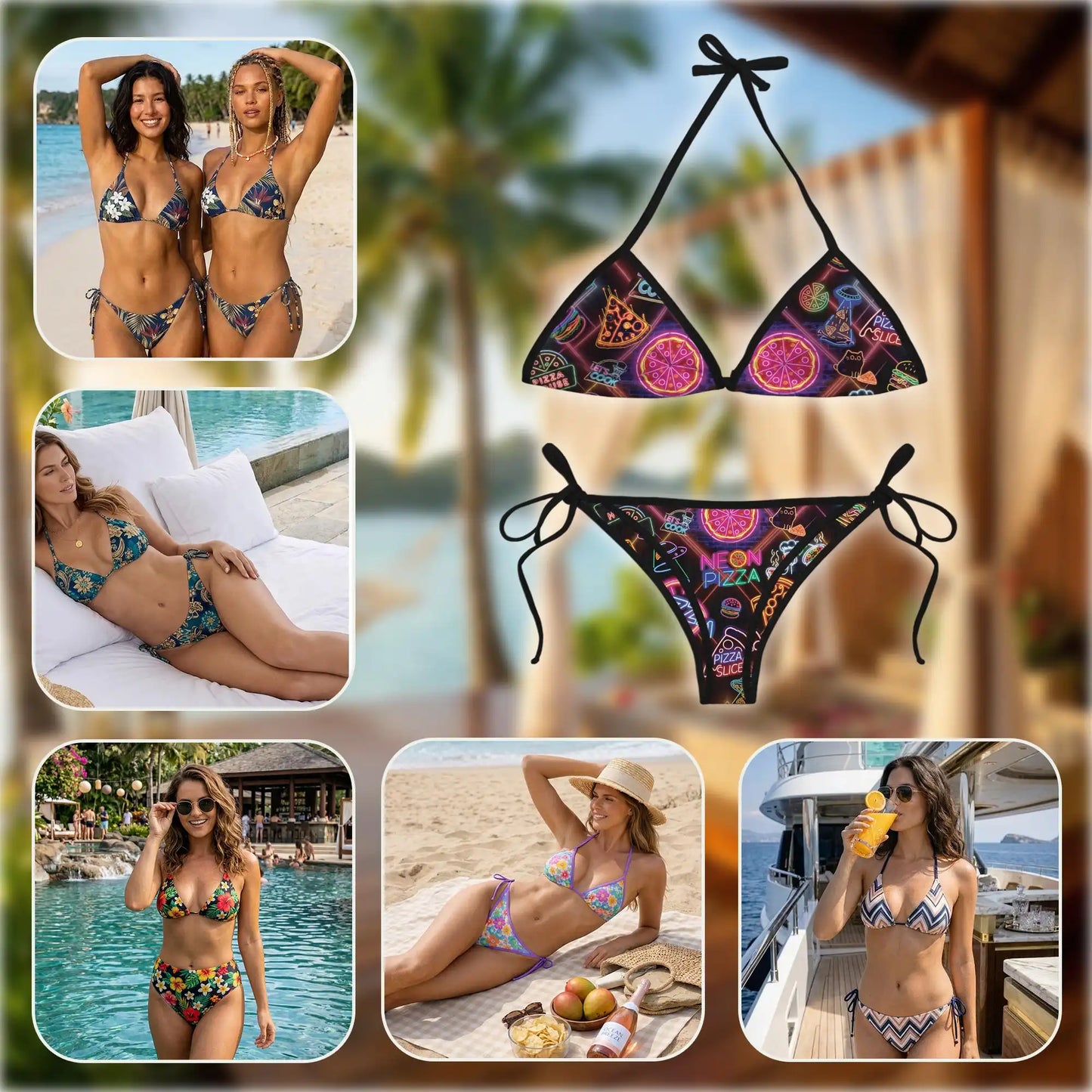 Neon Pizza Bikini Set for Women, Two Piece Swimsuit, Craft Beachwear | Netecom