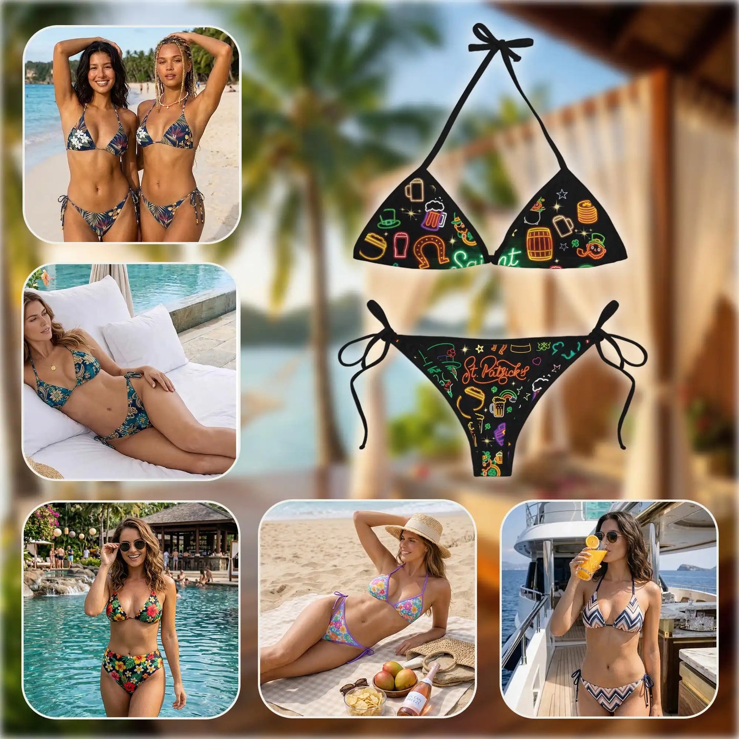 Neon Patrick's Bikini Set for Women, Two Piece Swimsuit, St. Patrick's Day Neon Print Beachwear | Netecom