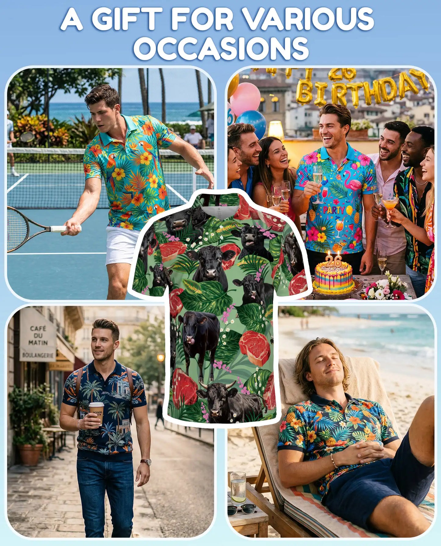 Tropical Black Angus Cattle Polo Shirt for Men – Funny Cow Meat Print | Netecom