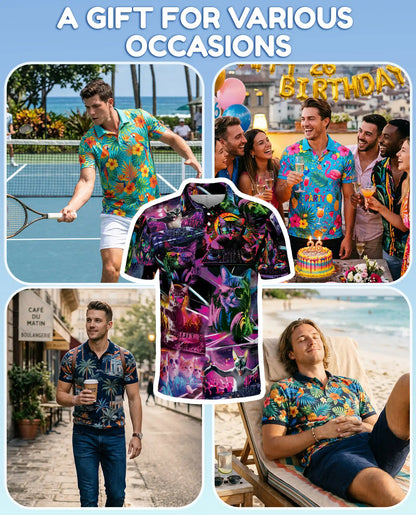 DJ Cat Party Polo Shirt for Men – Neon Music Festival Cat Print | Netecom