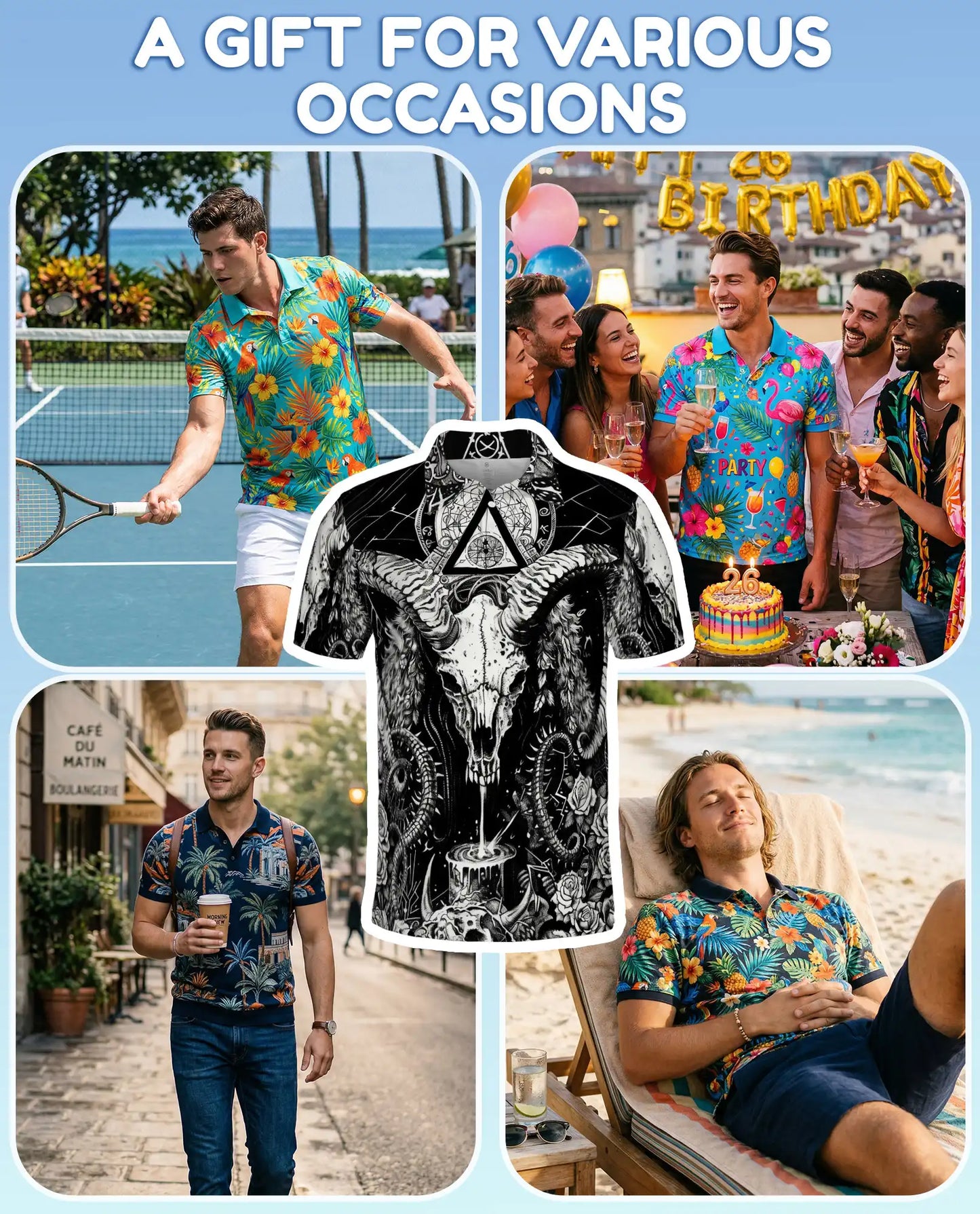 Dark Ram Skull Occult Polo Shirt for Men- Horror Black White Fantasy | Netecom