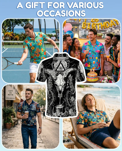 Dark Ram Skull Occult Polo Shirt for Men- Horror Black White Fantasy | Netecom