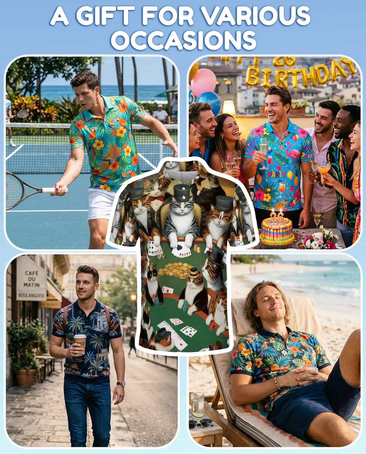Cat Poker 3D Polo Shirt for Men – Fun Animal Card Game Print | Netecom