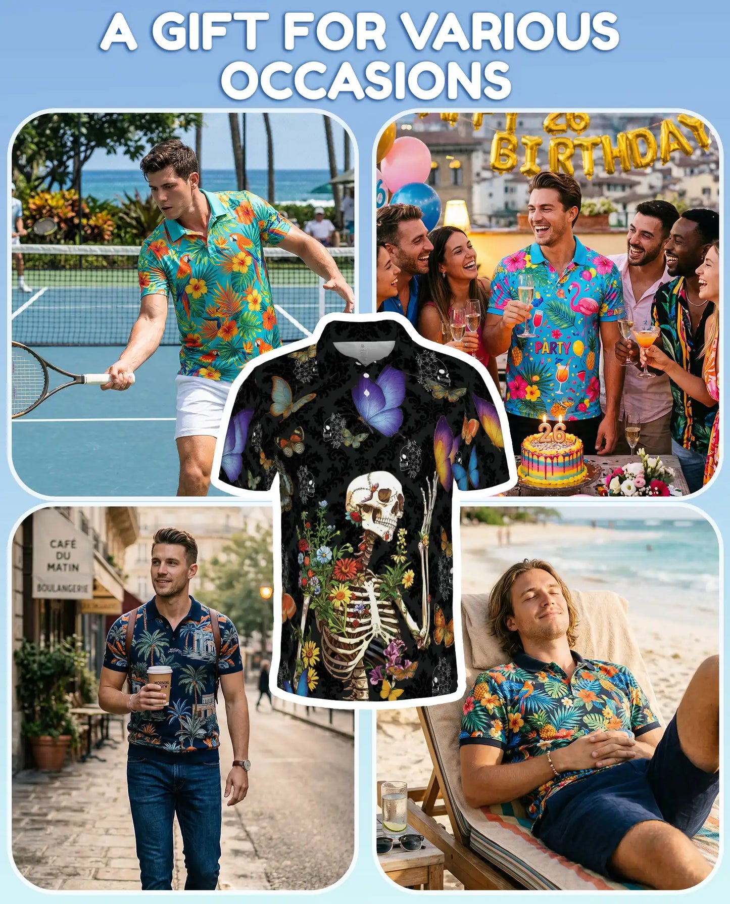 Floral Skeleton Polo Shirt for Men – Gothic Butterfly Design | Netecom