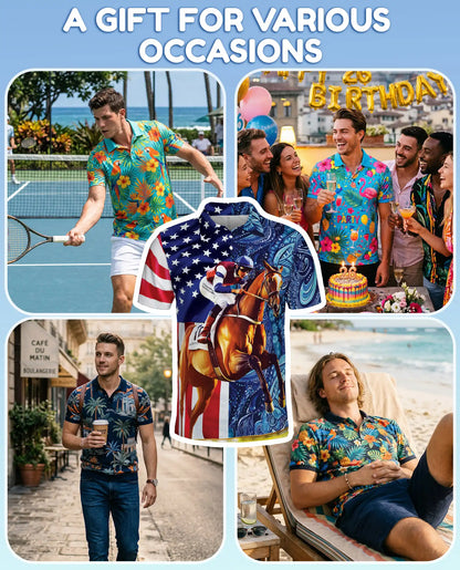 American Flag Horse Racing 3D Polo Shirt for Men | Netecom