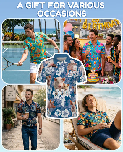 Pig Hawaiian Floral Polo Shirt for Men- Cute Farm Pig Tropical Flower | Netecom
