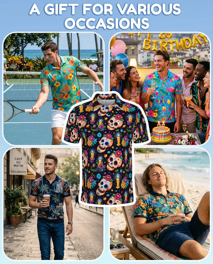 Sugar Skull Polo Shirt for Men – Day of the Dead Colorful Skull Print | Netecom