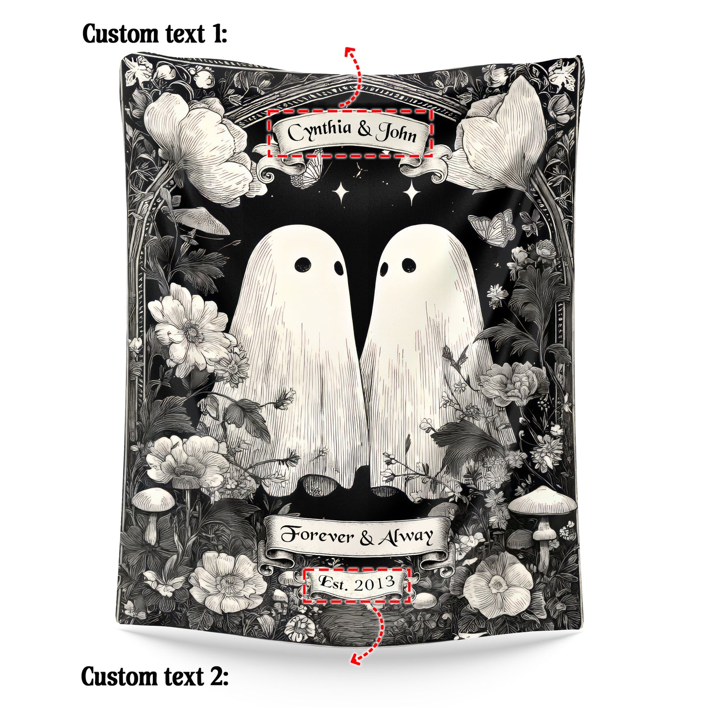 Netecom Personalized Ghost Couple Blanket with Names and Established Date, Woodland Floral Throw Blanket for Couch, Bed or Sofa, Romantic Gift for Couples, Anniversary or Halloween Decor