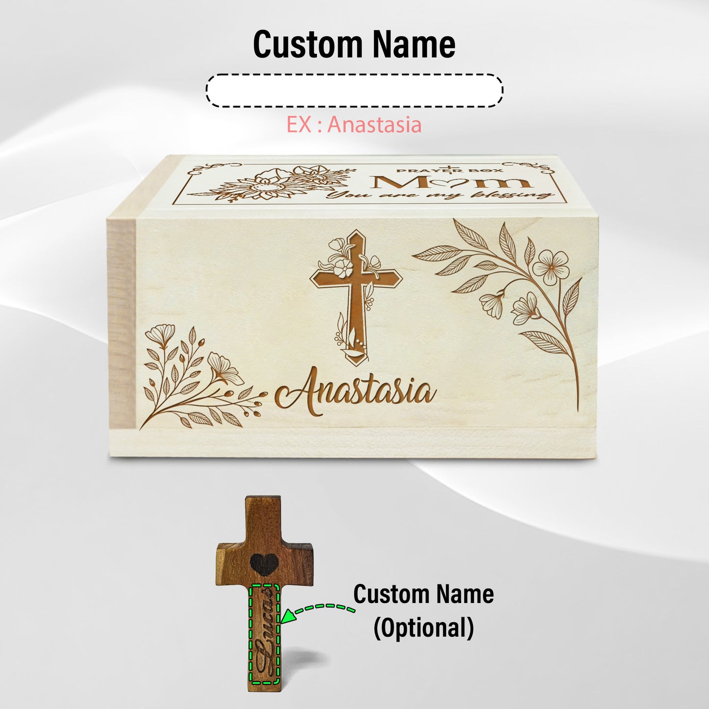 Netecom Personalized Mom Prayer Box with Custom Name on Box & Cross, Wooden Christian Prayer Box with 100 Prayer Request Cards, Faith Gift for Mother