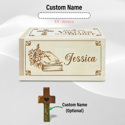 Netecom Personalized Christian Prayer Box with Custom Name on Box & Wooden Cross, Virtues of the Spirit Faith Box with 100 Prayer Request Cards, Religious Gift for Believers