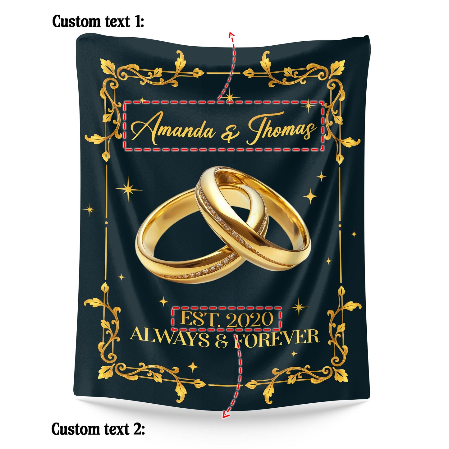 Netecom Personalized Wedding Anniversary Blanket for Couple, Custom Name and Year Throw Blanket with Gold Rings for Couch, Bed or Sofa, Romantic Gift for Husband & Wife, Engagement or Valentine’s Day