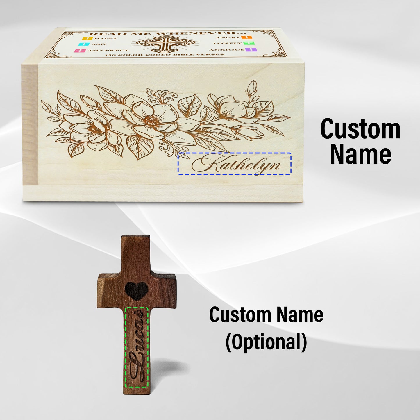 Netecom Custom Name Bible Verse Box, 150 Color-Coded Scriptures with Prayer Cross, Wooden Christian Faith Gift for Daily Reflection