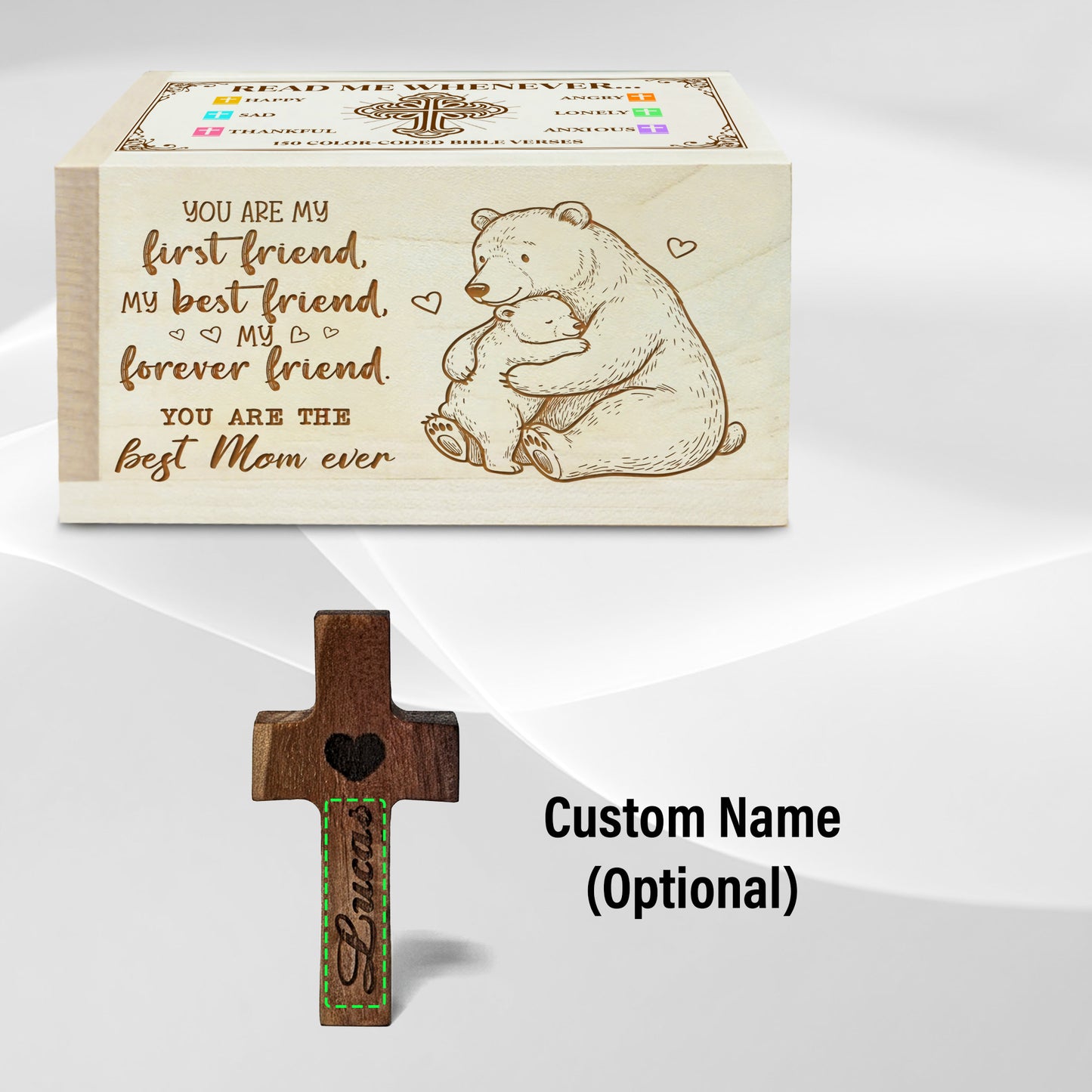Netecom Bible Verse Box for Mom with 150 Color-Coded Scriptures & Custom Name Wooden Cross – Christian Faith Keepsake Gift for Prayer, Reflection & Daily Encouragement