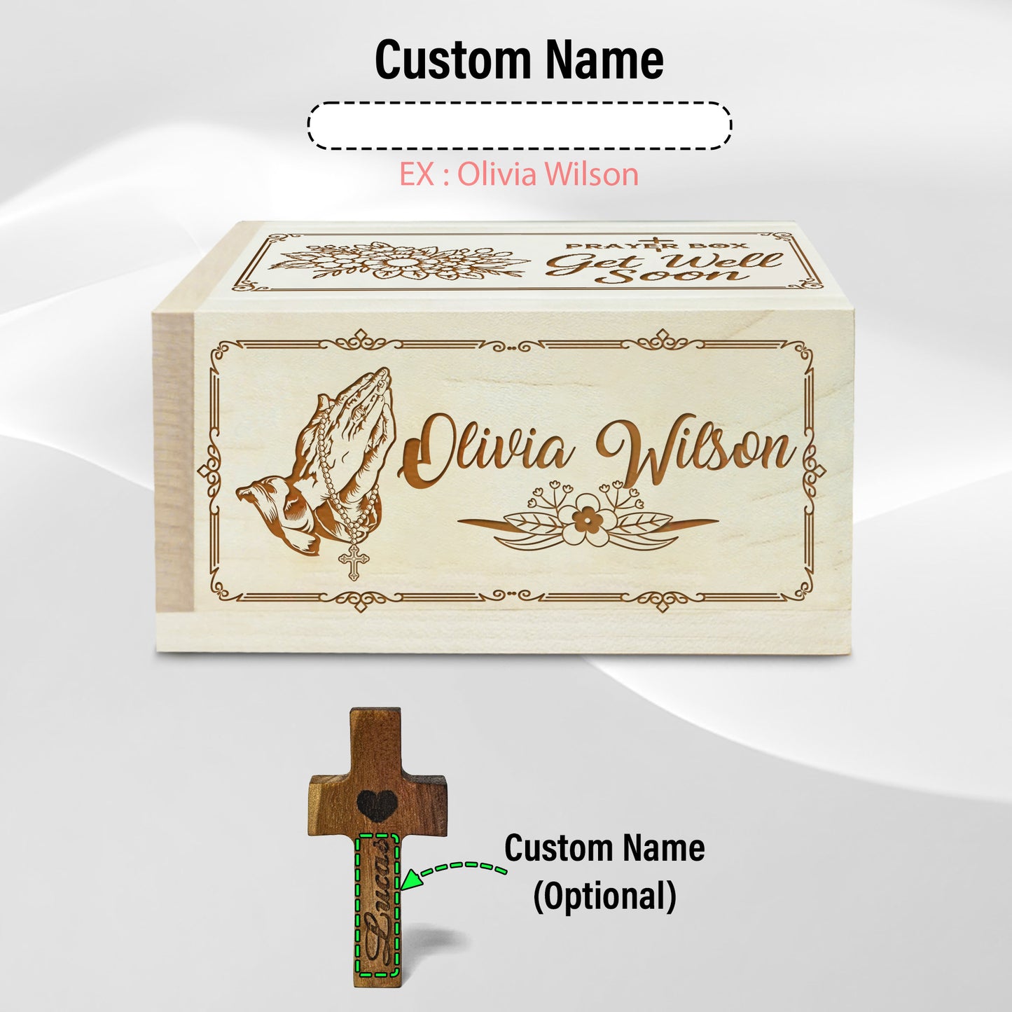 Netecom Personalized Get Well Prayer Box with Custom Name & Wooden Cross, Christian Comfort Gift with 100 Prayer Request Cards, Faith Healing Keepsake