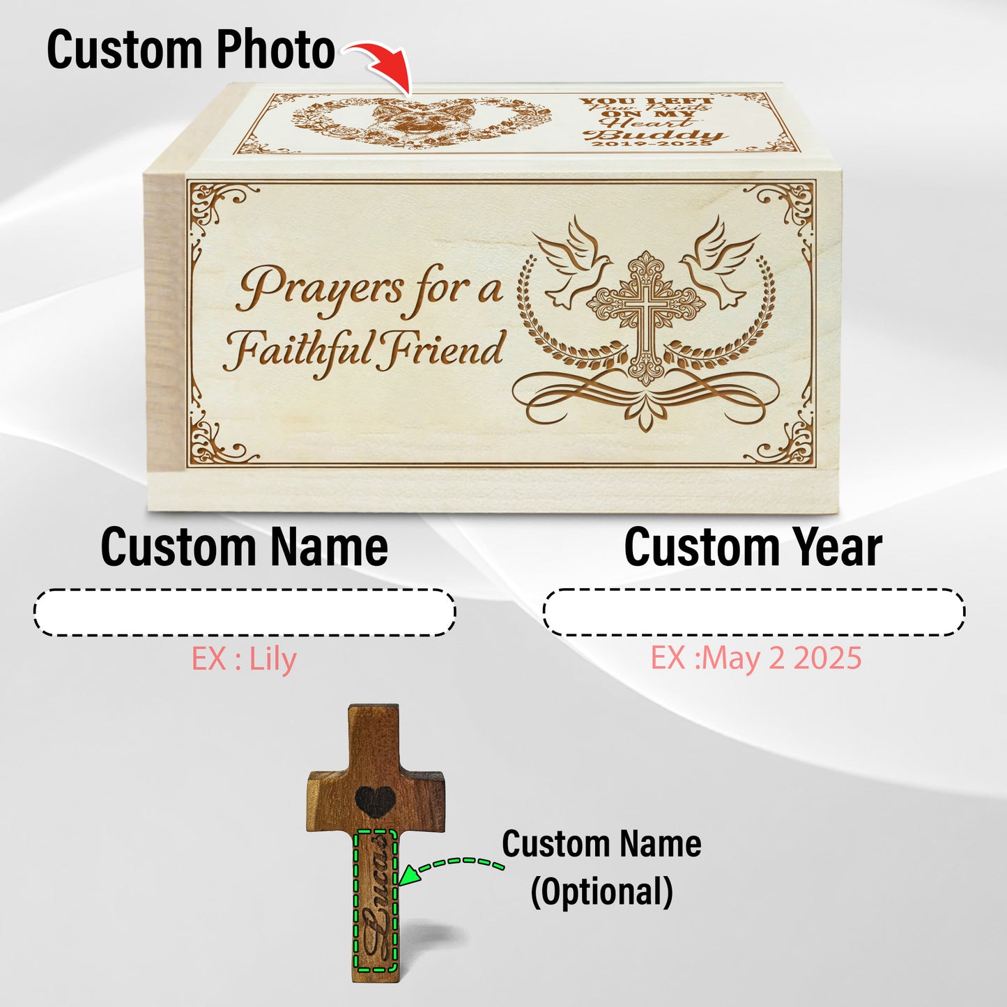 Netecom Personalized Dog Memorial Prayer Box with Custom Name and Year, 100 Prayer Request Cards & Wooden Cross – Christian Remembrance Keepsake for Pet Loss