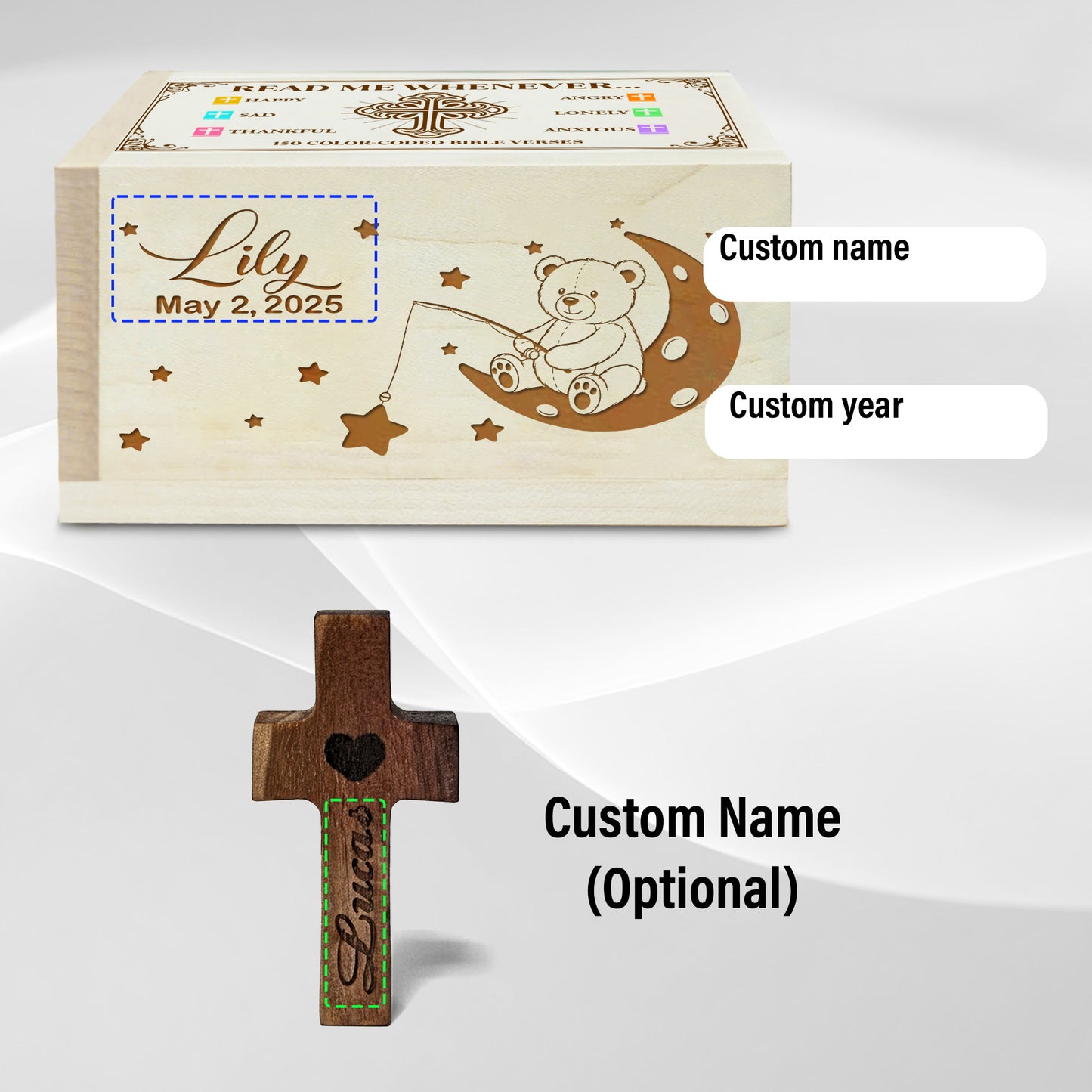 Netecom Personalized Baby Bible Verse Box with 150 Color-Coded Scriptures, Custom Name & Birth Date on Box, Custom Name on Wooden Cross – Christian Faith Keepsake Gift for Newborns, Baptism, or Baby Shower
