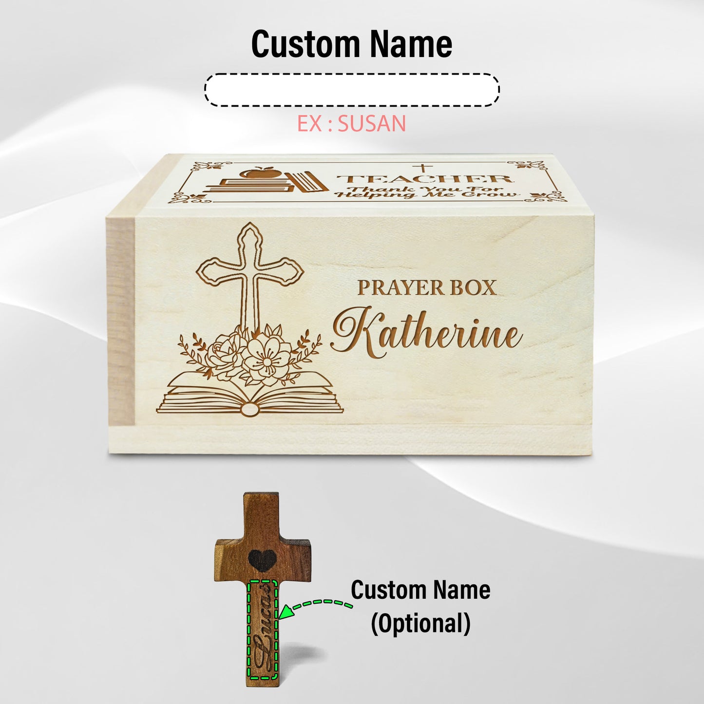 Netecom Personalized Teacher Prayer Box with Custom Name on Box & Cross, Christian Appreciation Gift with 100 Prayer Request Cards, Faith Gift for Teachers