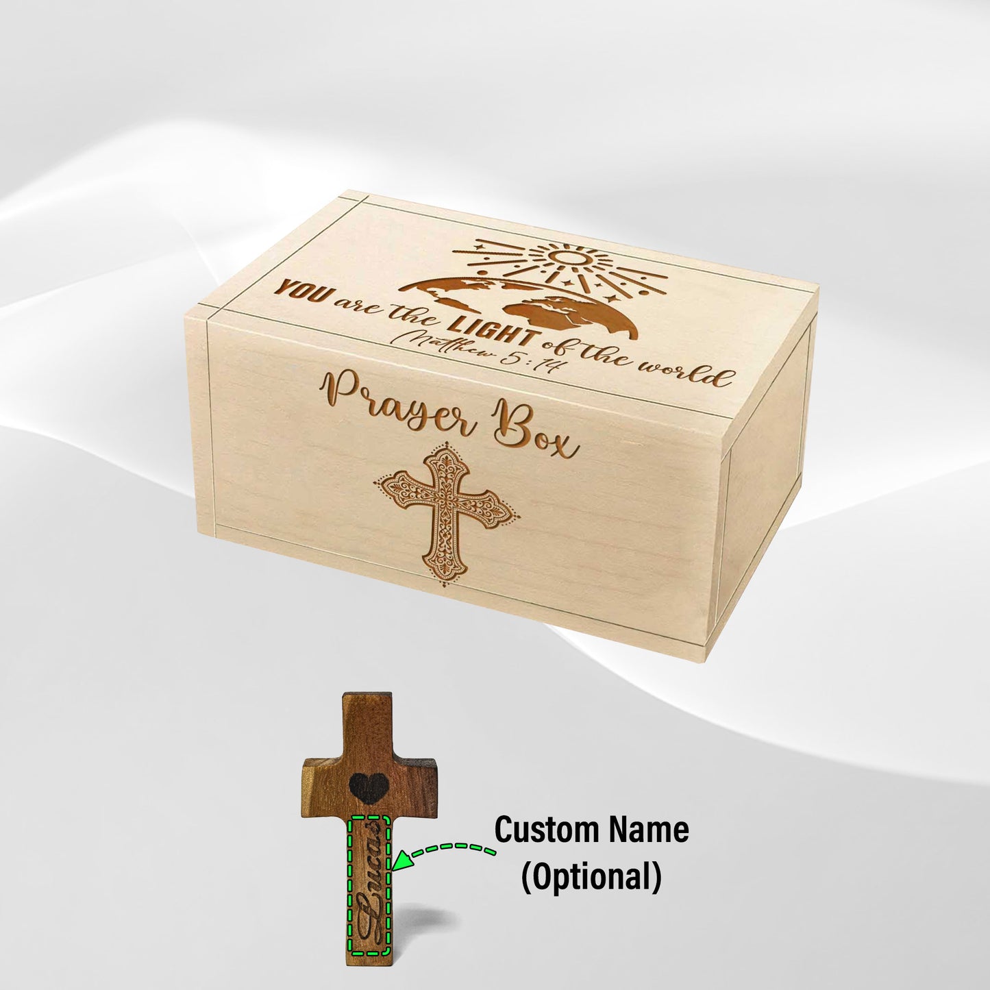 Netecom Personalized Wooden Prayer Box with 100 Prayer Request Cards & Custom Name Cross – Christian Faith Gift You Are the Light of the World