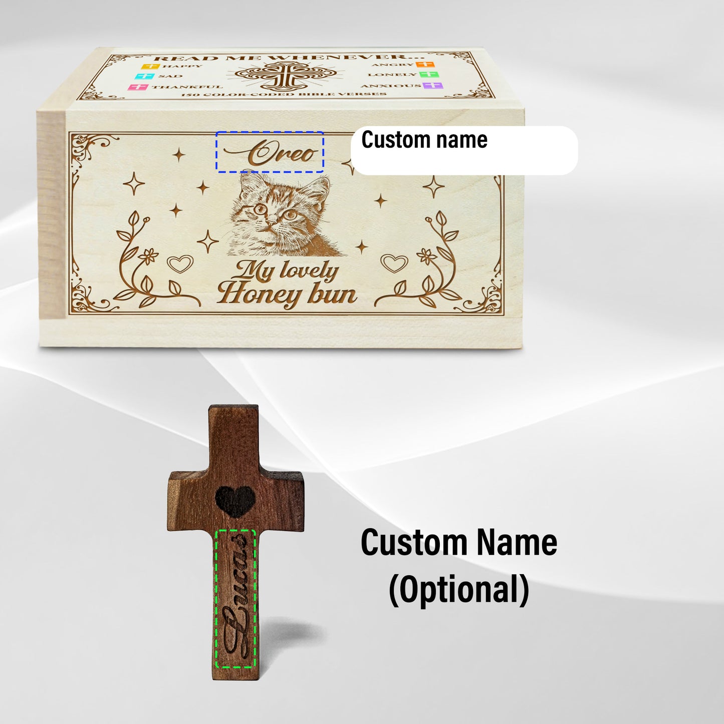 Netecom Personalized Cat Memorial Bible Verse Box with 150 Color-Coded Scriptures, Custom Name & Years on Box, Custom Name on Wooden Cross – Christian Keepsake for Pet Loss, Reflection & Prayer