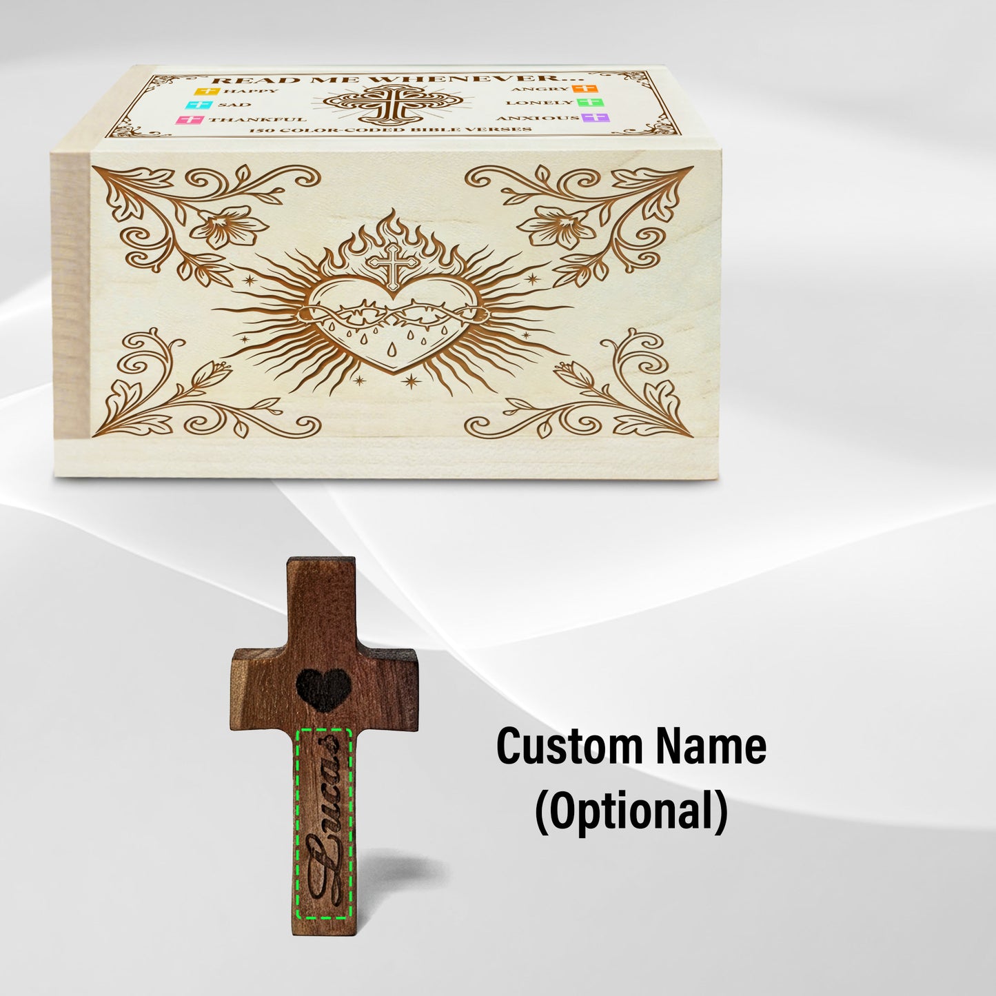 Netecom Personalized Bible Verse Box with 150 Color-Coded Scripture Cards and Custom Name Prayer Cross, Christian Wooden Keepsake Gift