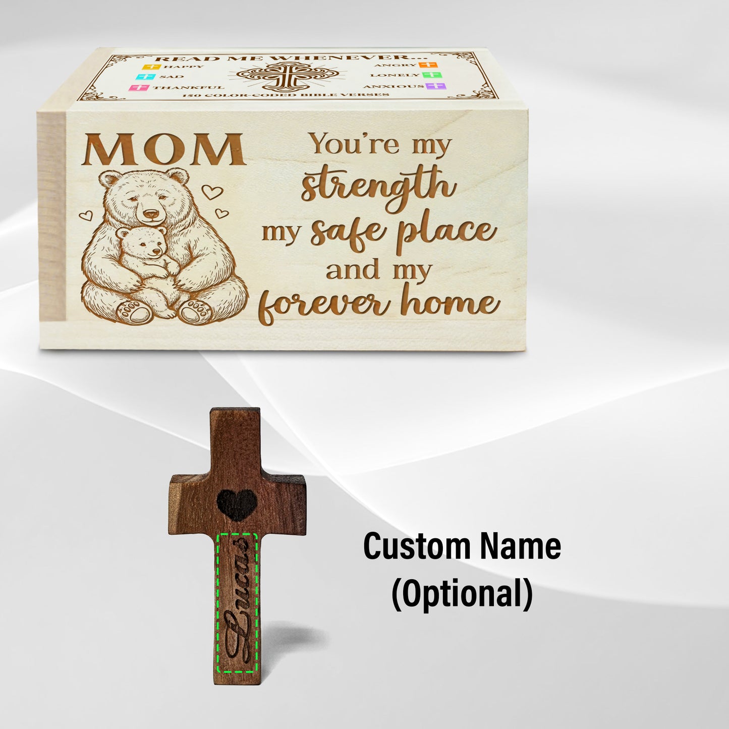 Netecom Personalized Bible Verse Box for Mom with 150 Color-Coded Scriptures – Custom Name Wooden Cross, Christian Faith Gift for Daily Prayer, Reflection & Inspiration
