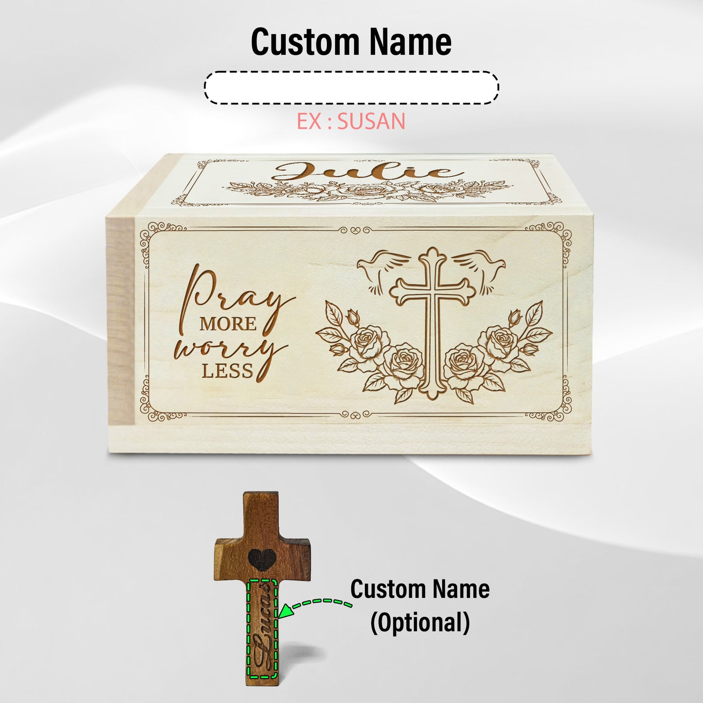 Netecom Personalized Christian Prayer Box with Custom Name on Wooden Cross – 100 Prayer Request Cards, Faith Gift for Women, Religious Keepsake for Her