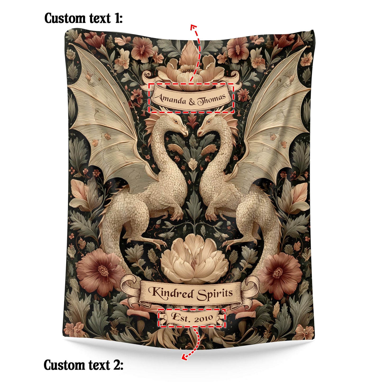 Netecom Personalized Dragon Couple Blanket with Names and Established Date, Gothic Floral Fantasy Throw Blanket for Couch, Bed or Sofa, Romantic Gift for Couples, Anniversary or Wedding Present