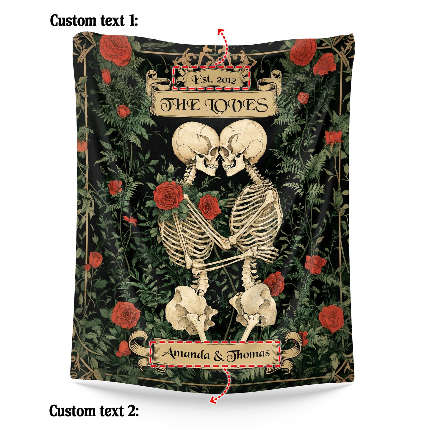 Netecom Personalized Skeleton Couple Blanket with Names and Established Date, Botanical Gothic Floral Throw Blanket for Couch, Bed or Sofa, Romantic Gift for Couples, Anniversary or Halloween Decor
