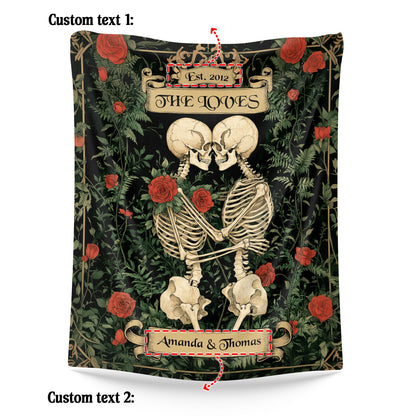 Netecom Personalized Skeleton Couple Blanket with Names and Established Date, Botanical Gothic Floral Throw Blanket for Couch, Bed or Sofa, Romantic Gift for Couples, Anniversary or Halloween Decor