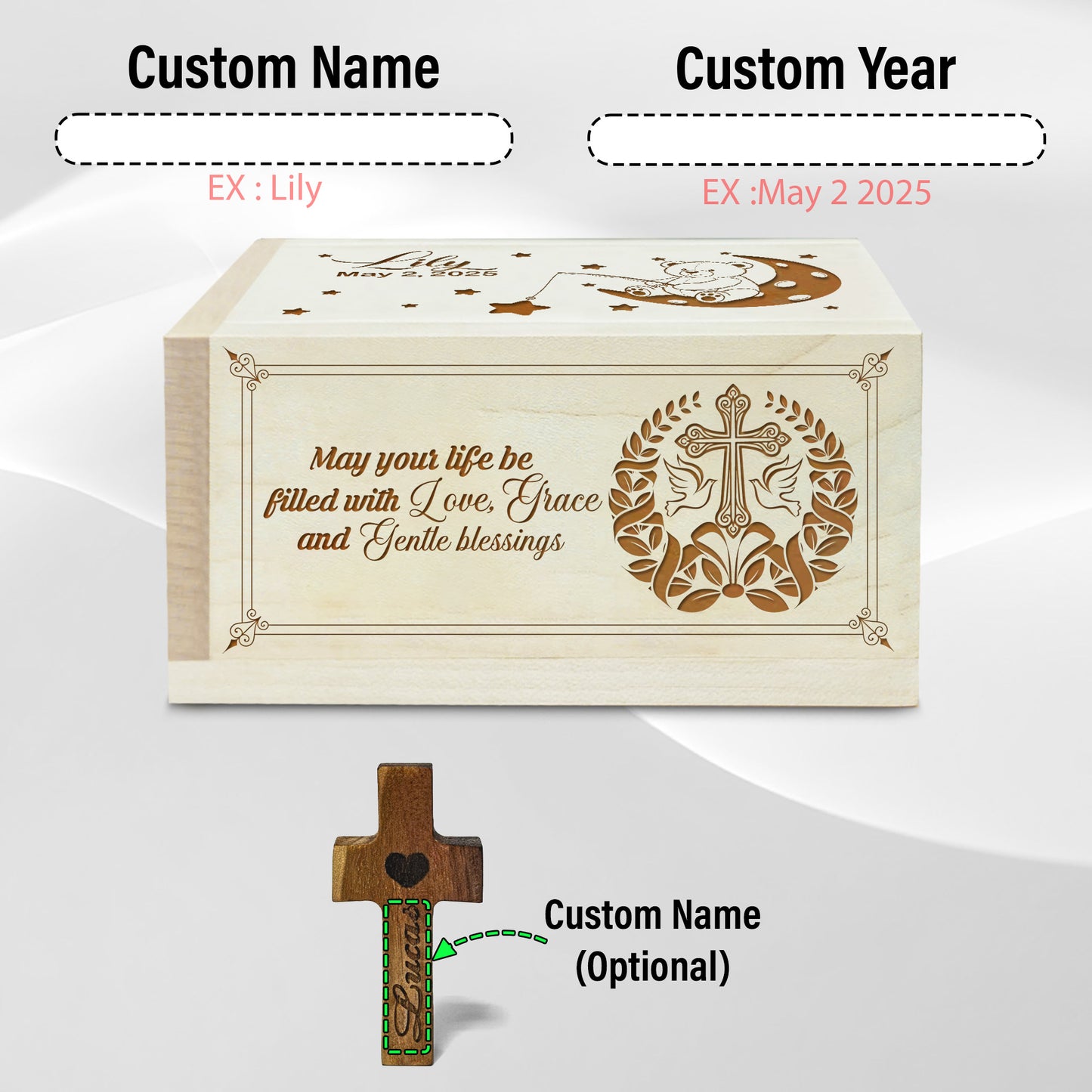 Netecom Personalized Baby Wooden Prayer Box with 100 Prayer Request Cards, Custom Name & Year Keepsake, Wooden Cross, Christian Faith Gift