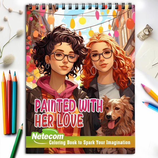 Painted With Her Love Spiral Bound Coloring Book, Unleash Your Creativity with 30 Charming Pages Filled with Heartfelt Moments of Lesbian Romance and Togetherness.