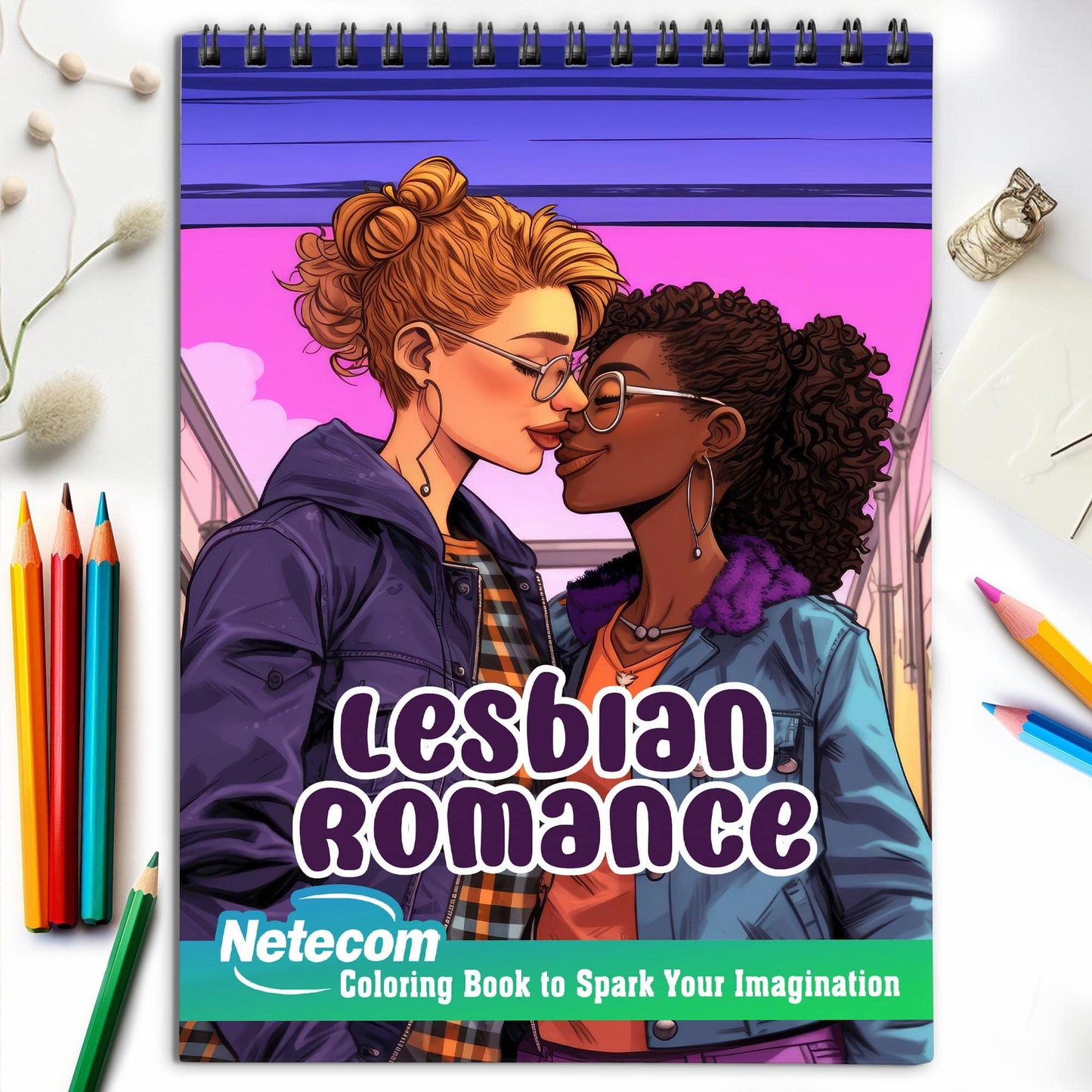 Lesbian Romance Spiral Bound Coloring Book, Unleash Your Creativity with 30 Charming Pages Filled with Heartfelt Moments of Lesbian Romance.